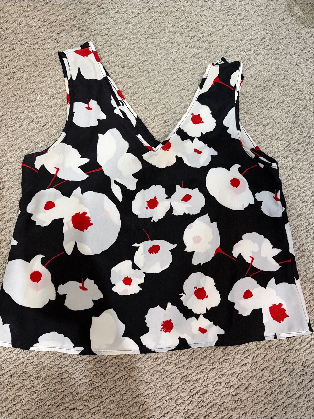 Banana Republic Black Floral V-Neck Camisole with White & Red Blooms